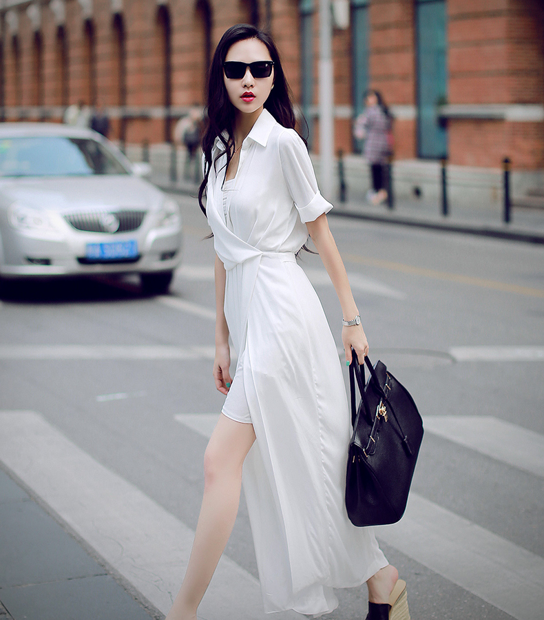 杰瑞丽莎2016夏季新韩版开叉性感雪纺裙子气质超长裙春连衣裙 白色 s