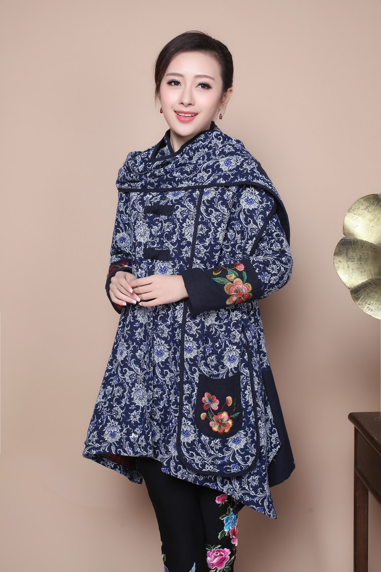 女装 中老年女装 蓝雨蝶依 冬季民族风棉衣女大码妈妈装棉服青花瓷