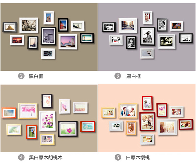 
                                        柠檬树 实木照片墙欧式相框组合相片墙创意像框简约现代挂墙 黑+白 送经典建筑画芯 7寸(8个)+10寸(3个)                