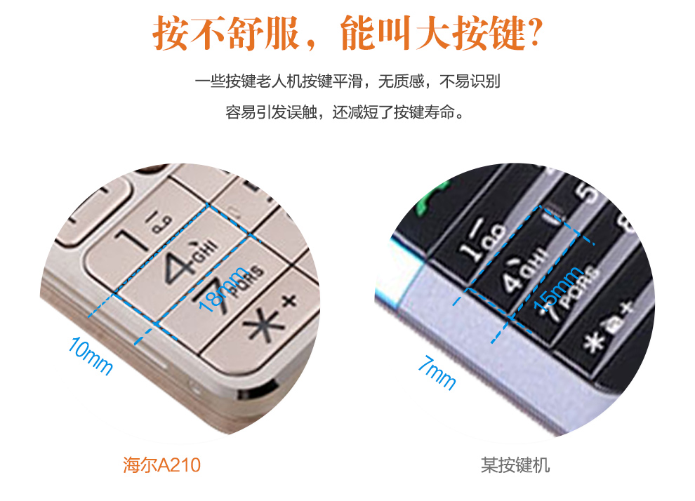 海尔（Haier）A210移动/联通2G直板按键手写屏老人手机 香槟金