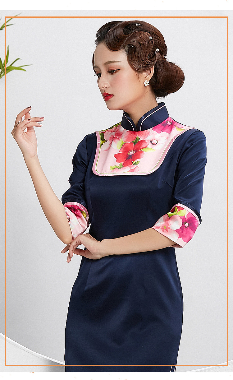 真丝旗袍中款七分袖女式秋冬新款手工盘扣拼接时尚旗袍裙民国风礼服