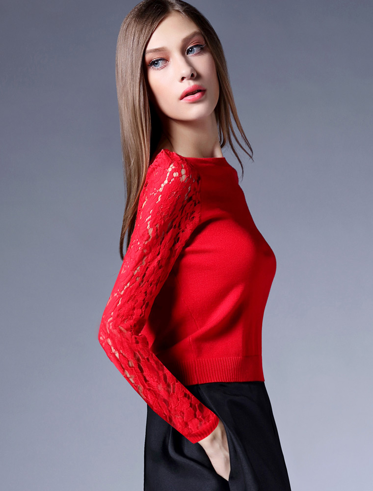 ZK Girl2016春夏装新款镂空拼接蕾丝打底衫 黑色百搭打底蕾丝针织衫 欧美女装 黑色 M