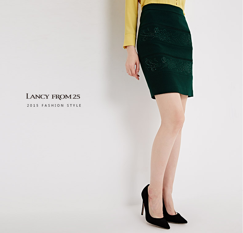 
                                        LANCY朗姿缀钉钻时尚简约百搭包臀半身裙LC14403WSK005 黑色 M                