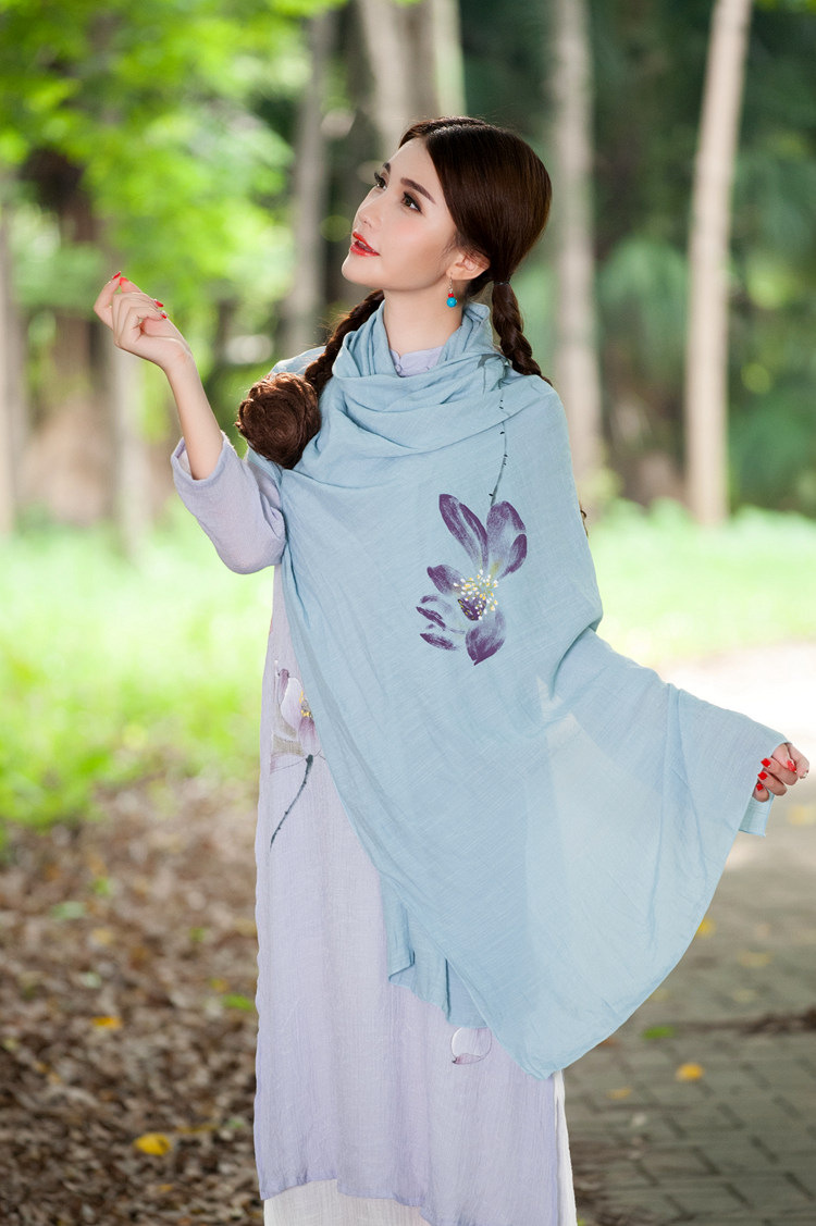 红晶灵2016新款森女风仙女范民族中国风原创手绘印花围巾披肩9315 蓝色