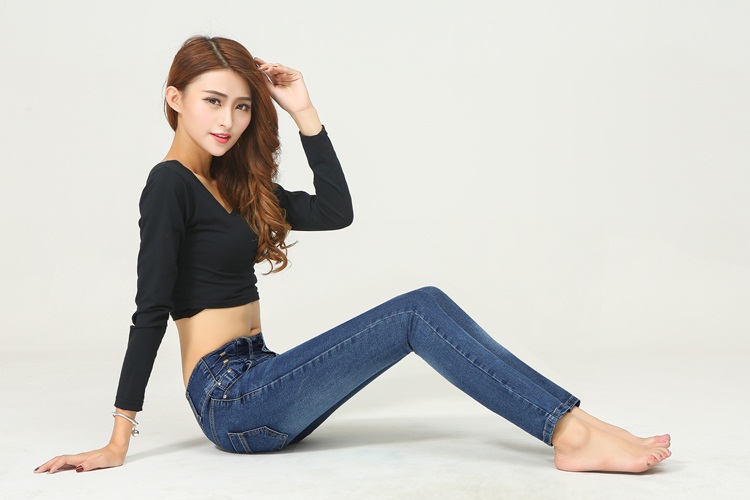 百利依人2015秋季新款韩版修身女装牛仔裤女小脚高腰铅笔裤长裤8121 蓝色 30码