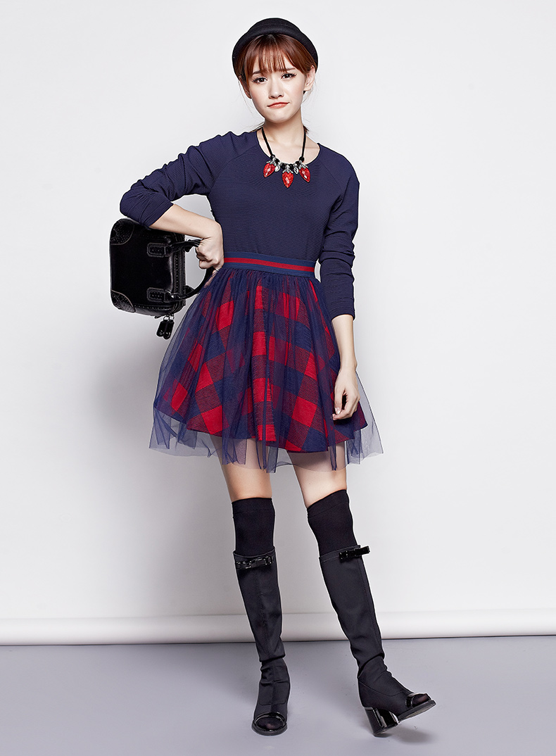 tt.color2015秋季新款女装时尚格子料外搭网纱连衣裙t1509s207 大红 s