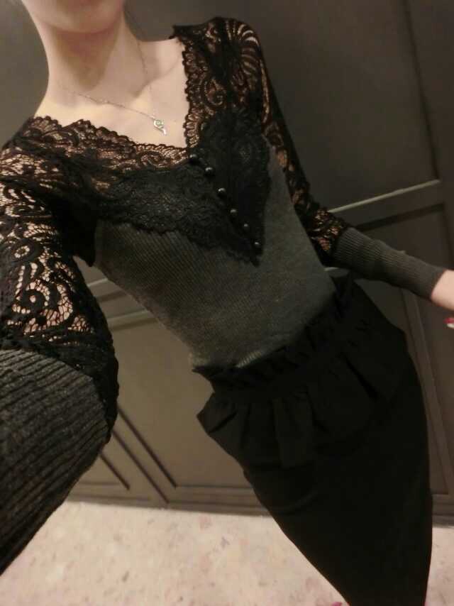 佩丝娜.秋冬款小衫女t恤短款紧身内搭蕾丝打底衫大码针织衫上衣长袖 深灰色 M