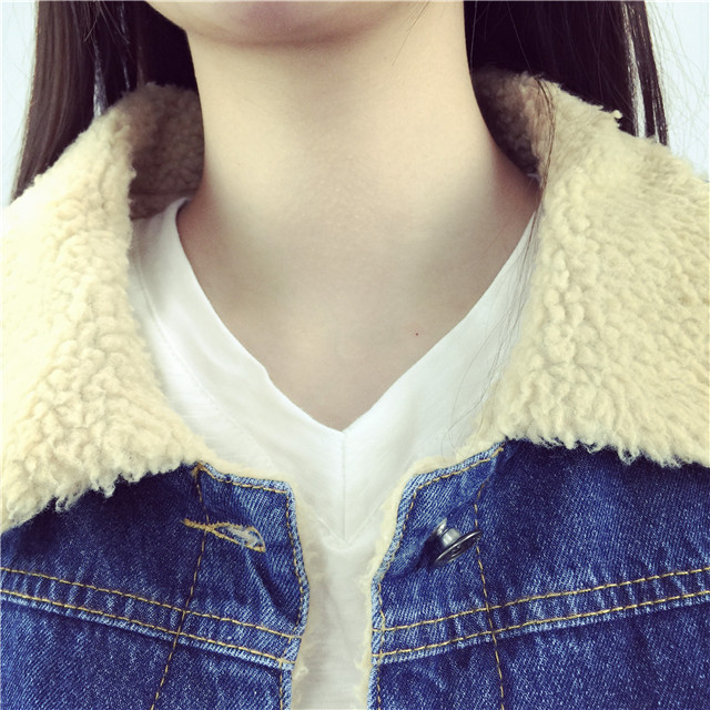 Laconemon 2015秋冬新款牛仔外套女韩版加绒长袖单排扣 蓝色 XL