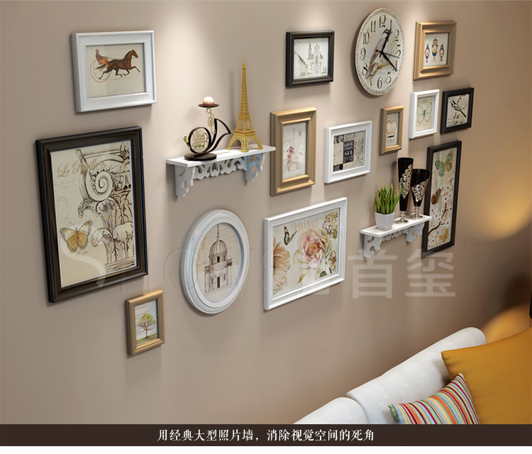 
                                        首玺 简欧照片墙客厅相片墙相框墙北欧创意层架餐厅挂墙相框墙组合 美式混搭-黑白胡桃 200cm(含间距)                