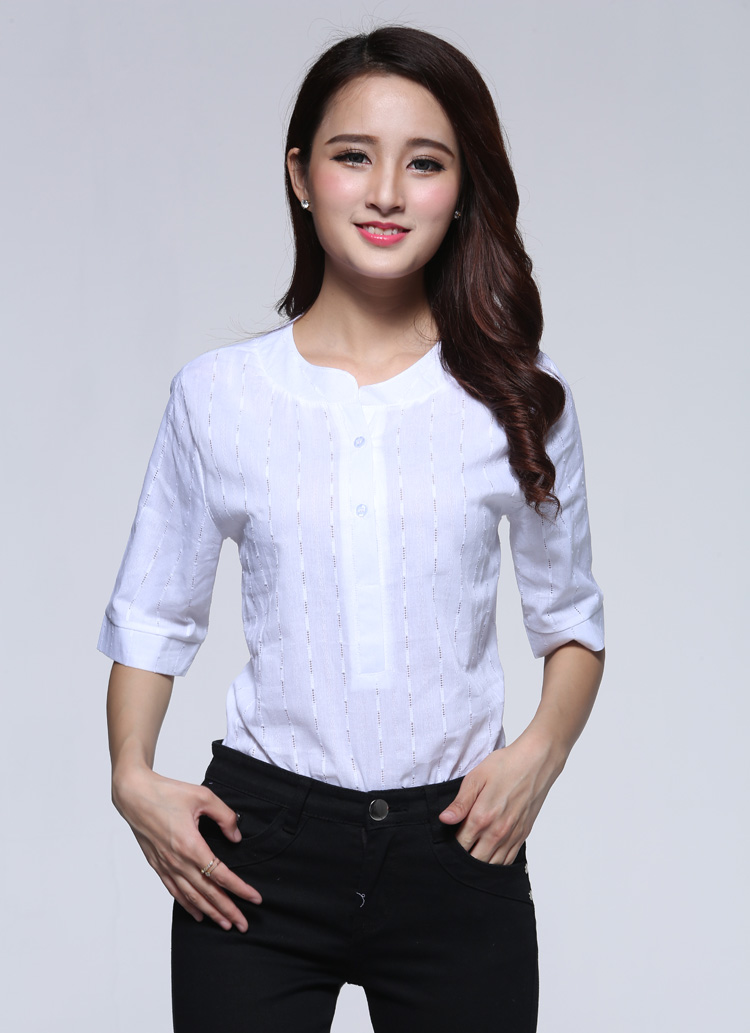 港棉 衬衫女 春夏装新款韩版 简约休闲棉麻立领短袖 女生提花白色衬衣