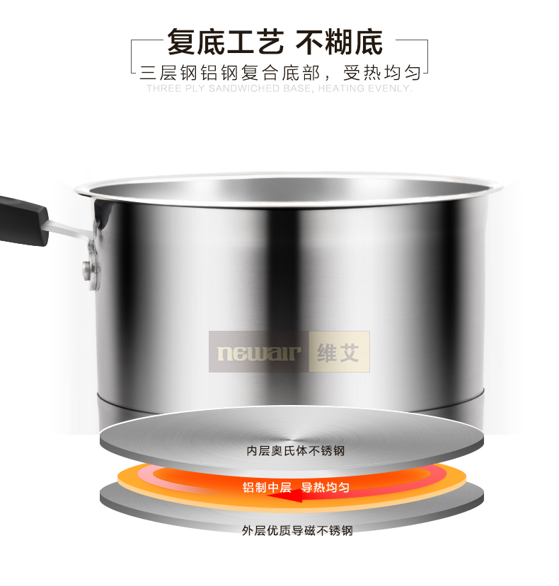 
                                        维艾小奶锅不粘锅煮面锅婴儿辅食锅宝宝煮牛奶锅不锈钢电磁炉适用16cm                