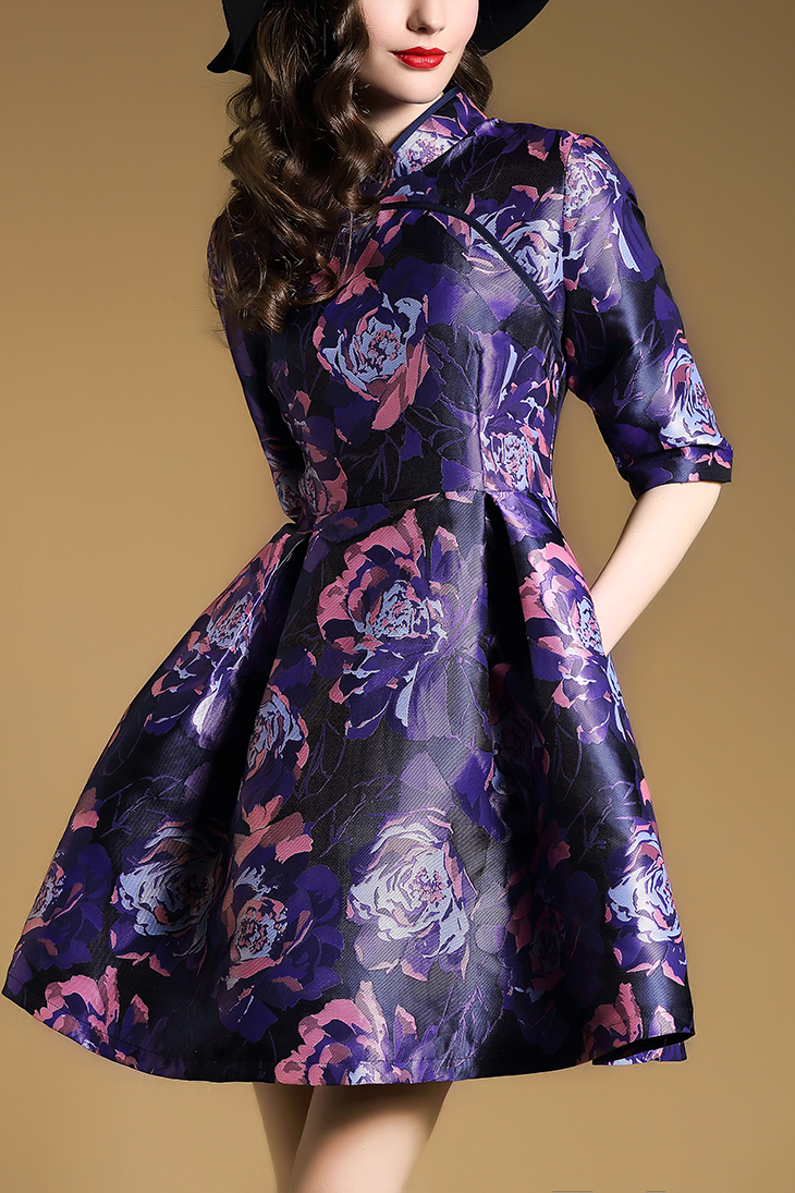 秋装新款女装奢华提花立领旗袍连衣裙花色高腰裙1658a下架蓝紫色xl