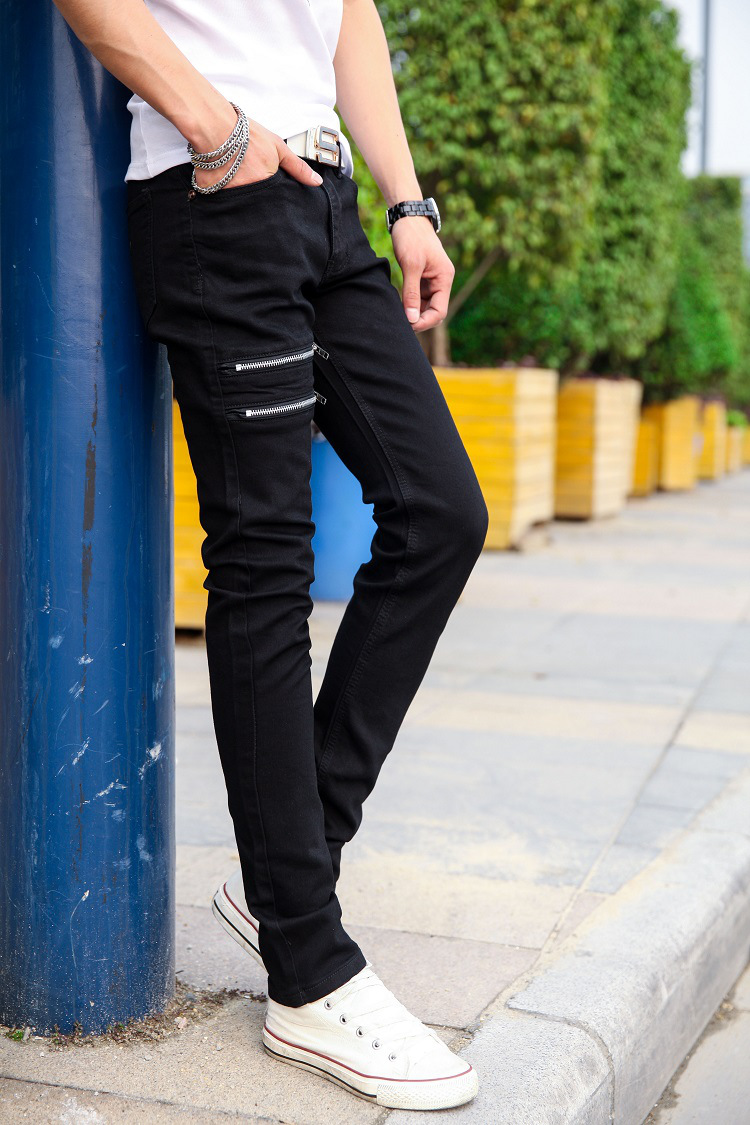 裤男修身弹力小脚裤显瘦青少年韩版潮流铅笔裤学生黑色拉链紧身裤808