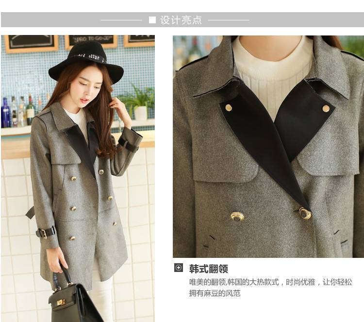 沐沐胡同鹿皮绒外套女2015秋冬中长款风衣修身显瘦双排扣大衣 灰色 XXL