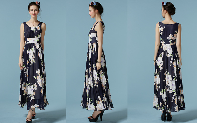 情娇婷2016夏季典雅大摆收腰雪纺连衣裙 拖地长裙 黑青色 xl