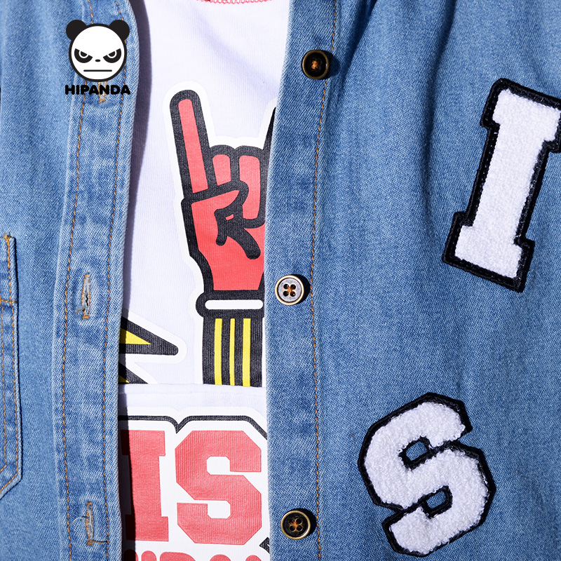 hipanda 你好熊猫 设计潮牌 女款disco牛仔衬衫 蓝色 165/l