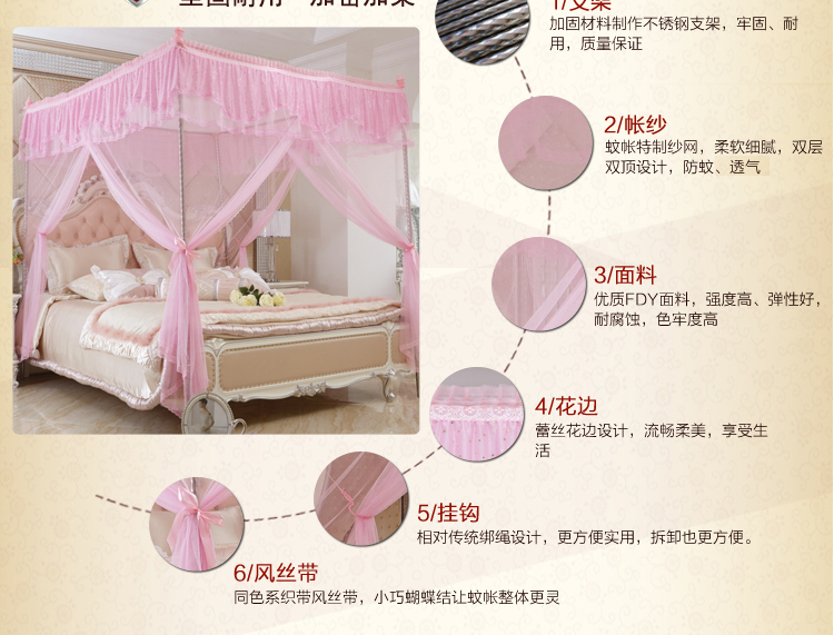 金翔润家纺三开门方顶不锈钢加密加柔宫廷蚊帐 玉色 2m*2.2m直径32mm