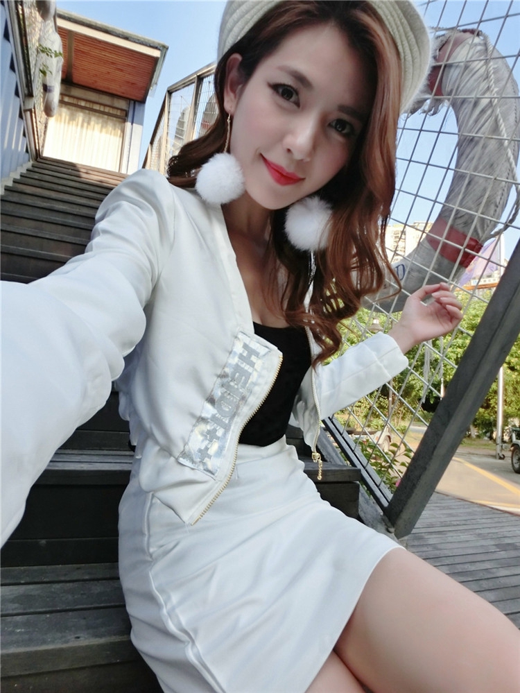 秋冬新款性感名媛时尚长袖短装小外套包臀裙两件套 套装女 白色 S