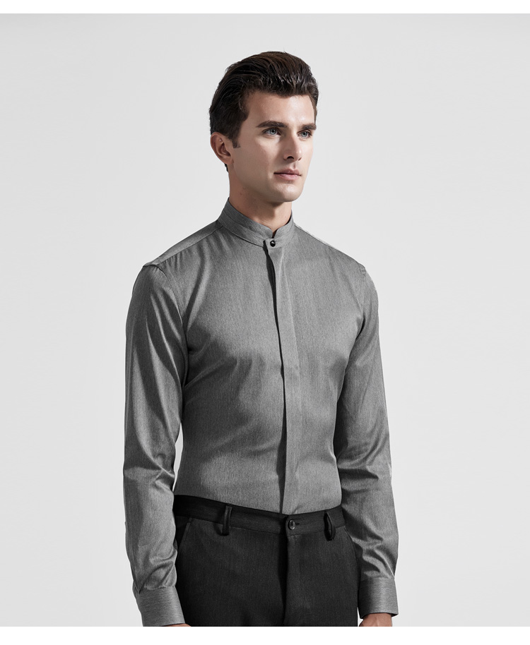 红邦创衣春季新款立领男士纯色涤纶长袖衬衫商务修身青年职业 蓝色 md