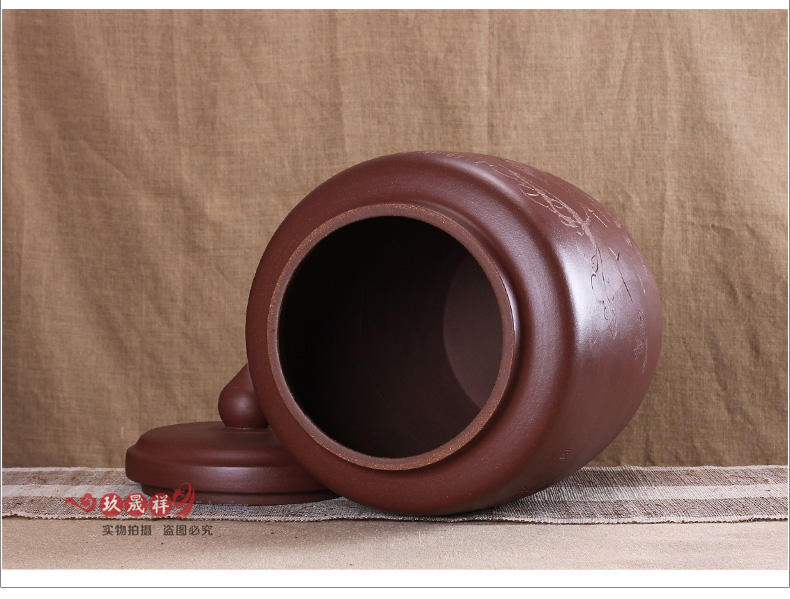 
                                        玖晟祥 宜兴紫砂茶叶罐 正品特大号普洱茶缸 粗陶存茶桶 将军罐 黄色山水款                