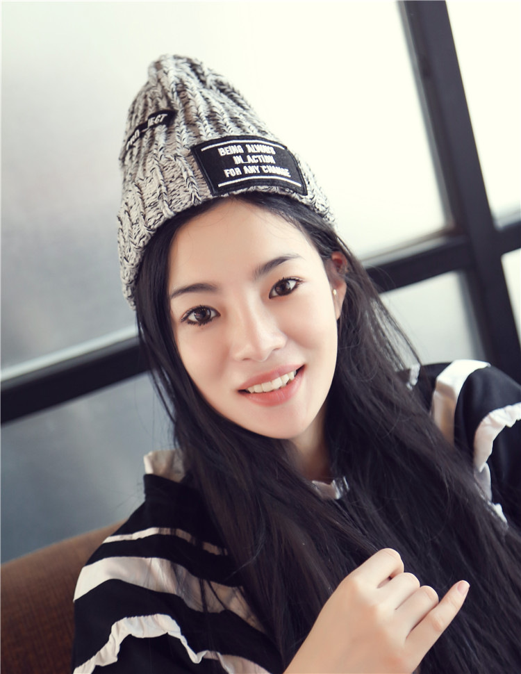 柳媛秋冬天加厚贴布字母针织帽毛线帽子韩版保暖帽潮男女8014 咖啡色