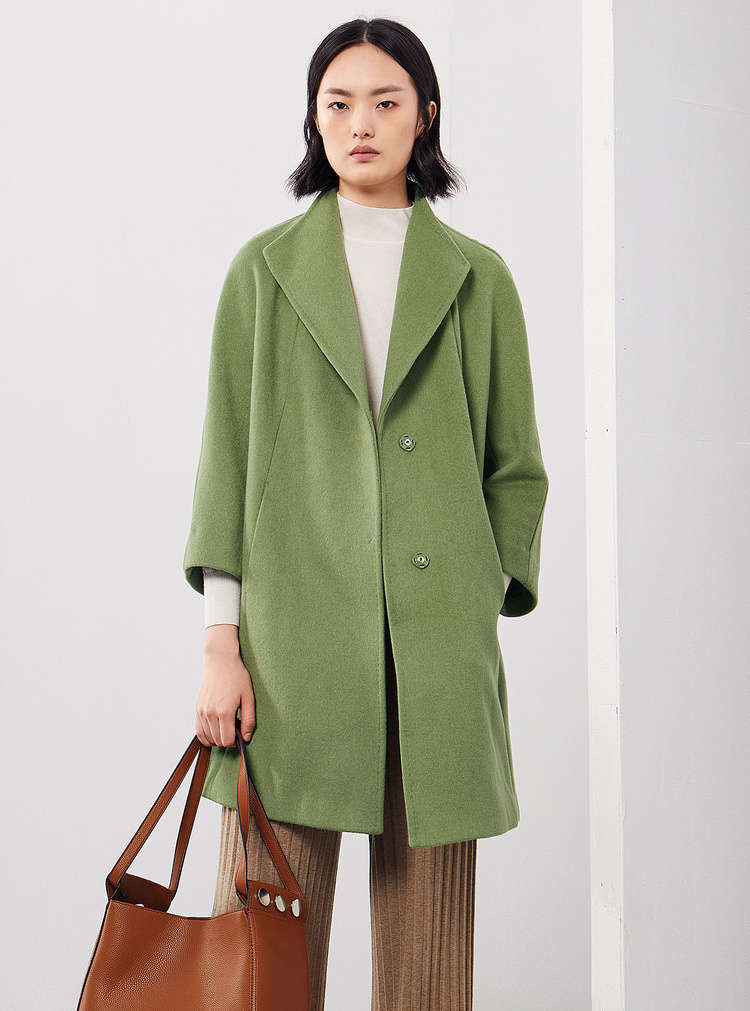 舒朗 秋冬新款女士中长款七分袖羊毛大衣翻领暗扣风衣 dsf4h36 草绿色