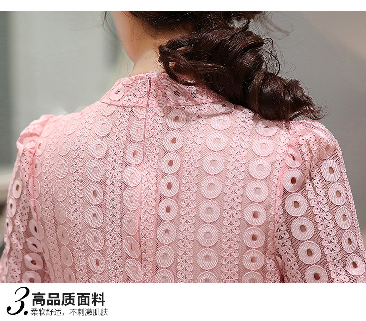 跃斐 2016夏季女装新款蕾丝衫女式中长款宽松大码打底衫长袖收腰上衣 湖蓝色 M