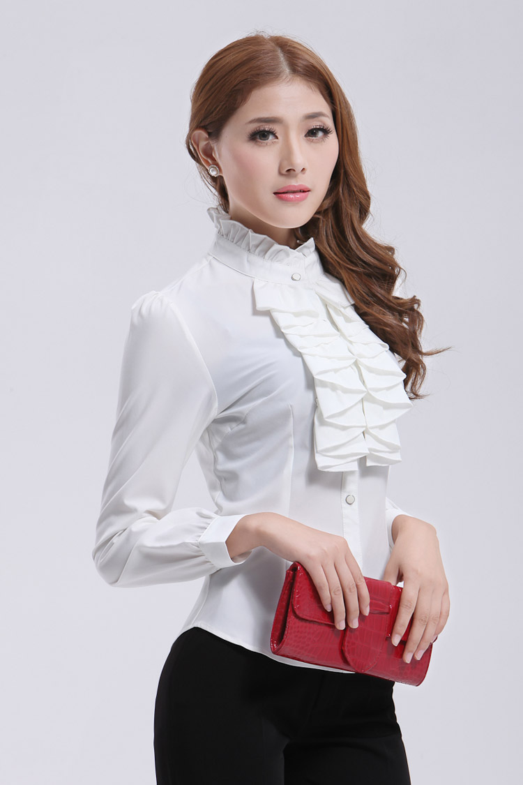美情芬     2015秋冬新款韩版女装衬衫时尚立领上衣OL荷叶边长袖女衬衣8011# 白色 S