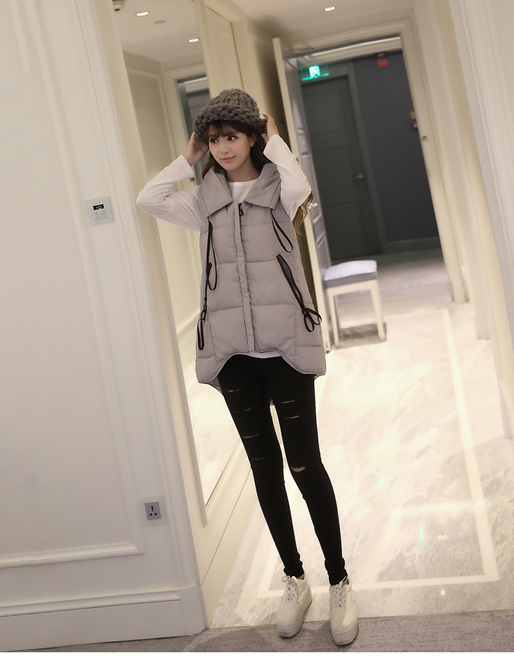 玖哲2015新款修身中长款马甲女连帽小清新百搭外套棉服 黑色 L