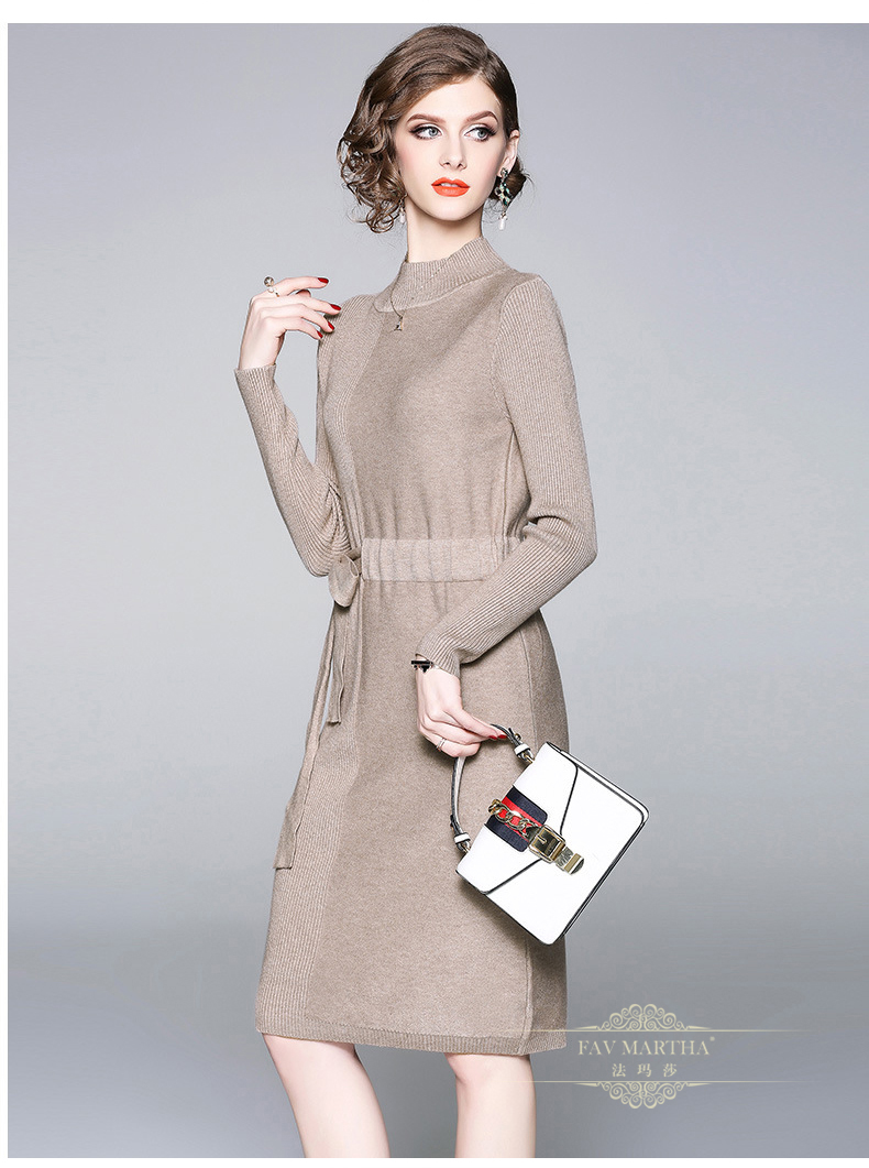 法玛莎轻奢品牌女装2018秋冬新品长袖针织连衣裙女气质通勤系带裙子