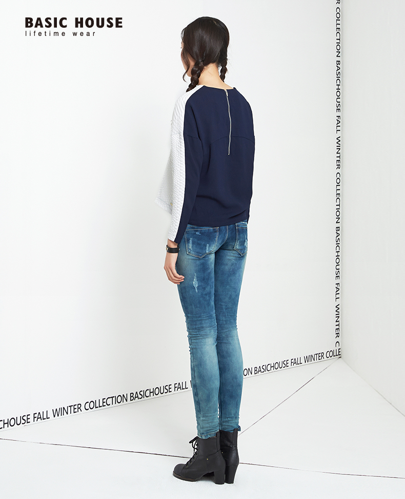 Basic House/百家好秋冬个性凹凸纹理时尚撞色T恤衫HOTS720J 象牙色/IV 155/85/S