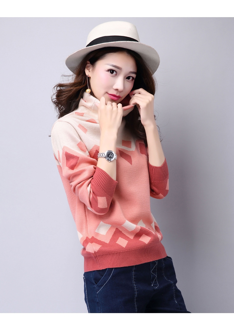 卡美秀2015冬季新款女装堆堆领针织衫宽松花色套头长袖女毛衣冬款打底衫 浅紫 M