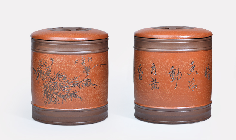 
                                        晨茗 宜兴紫砂茶叶罐大号普洱茶缸七子饼存茶醒茶罐 四色罐8饼装 棕色款                