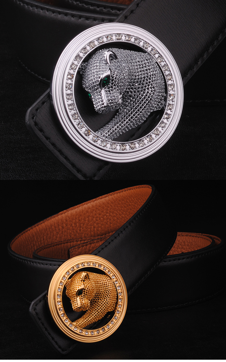 strongnew 镶钻豹子头皮带男士真皮头层纯牛皮圆头男款休闲裤腰带