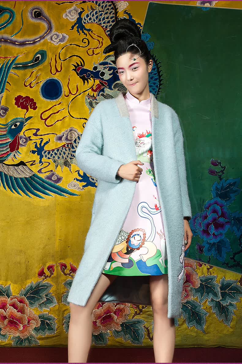 密扇中国风宽松羊毛大衣民族风刺绣毛呢外套设计师品牌女装秋冬 绿色