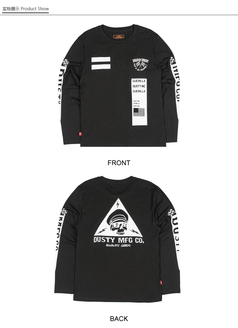 dusty春季男士潮流黑色长袖t恤机车风打底t恤个性骷髅香港潮牌 黑色