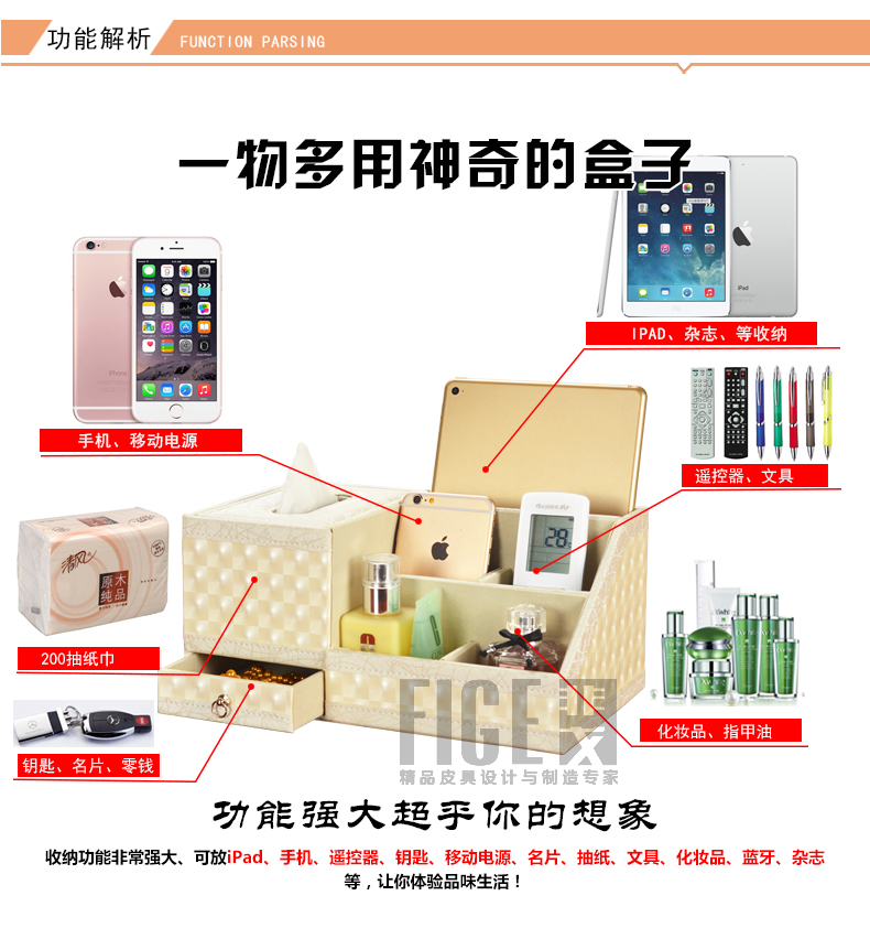 非戈 欧式皮革多功能纸巾盒 遥控器收纳盒 餐巾纸盒 抽纸盒 客厅桌面茶几收纳盒 BSD 豪华版-白闪电纹