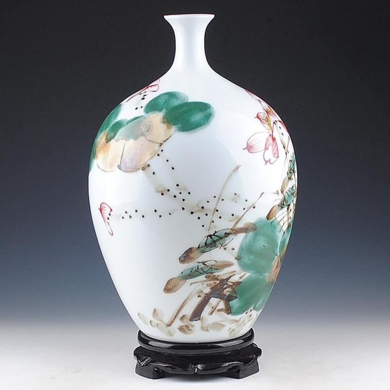 景德镇陶瓷器 名家彭小青手绘花瓶 荷花 现代家饰装饰工艺品摆件(五彩