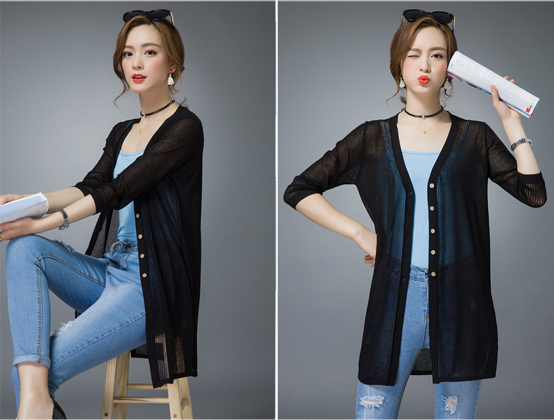 雪夕2016夏季新款针织衫女外套中长款空调衫韩版女装防晒开衫 浅紫