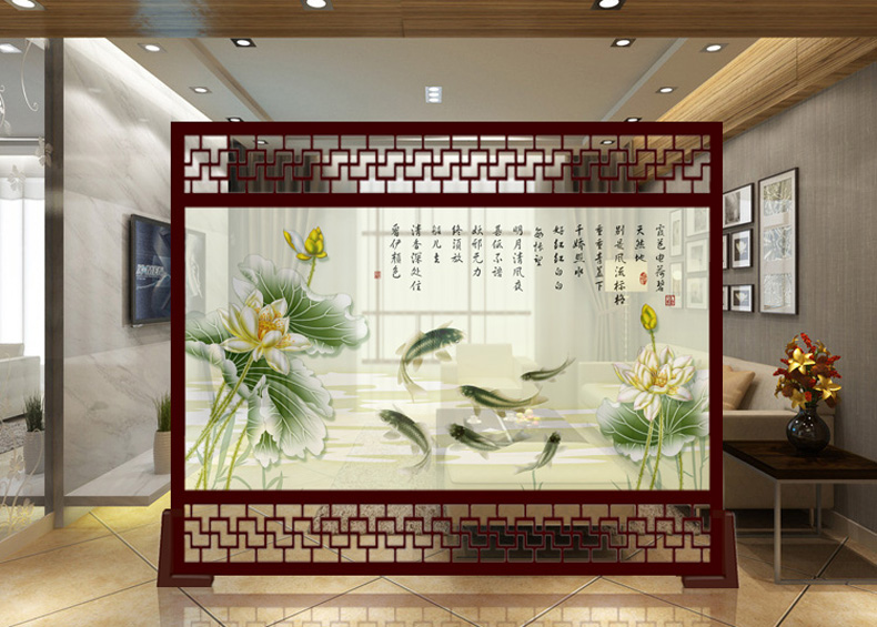 
                                                            睿泽の家 定制镂空屏风 欧式新中式屏风 玄关客厅办公室摄影隔断 清荷雅趣 半透明-胡桃木边框 240cm宽X200高 上下镂空                