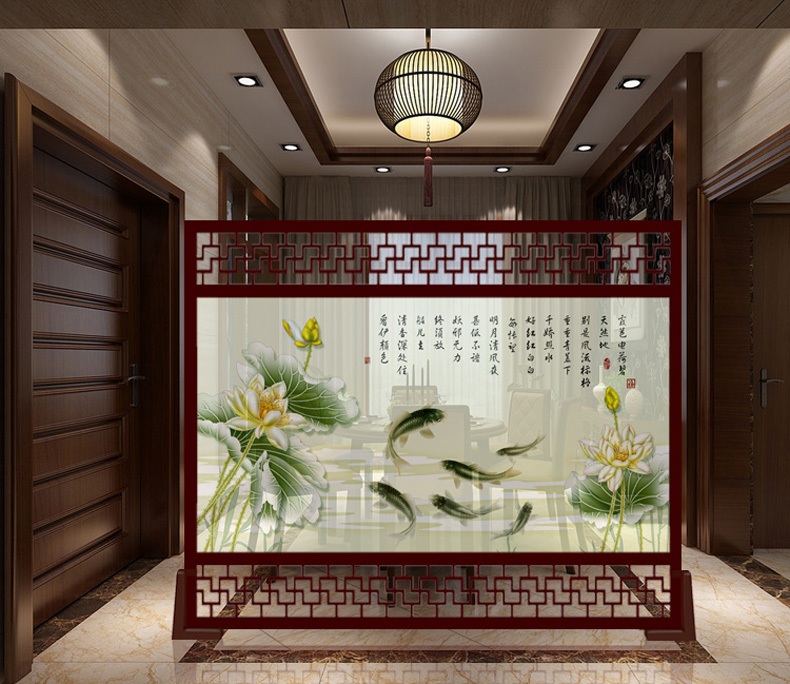 
                                                            睿泽の家 定制镂空屏风 欧式新中式屏风 玄关客厅办公室摄影隔断 清荷雅趣 半透明-胡桃木边框 240cm宽X200高 上下镂空                