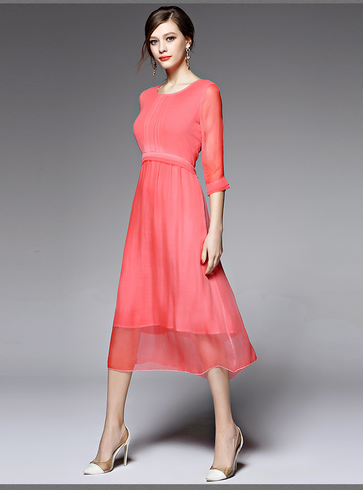 雅婷店欧洲站女装2016夏季优雅大摆真丝雪纺连衣裙纯色圆领长裙5517(y