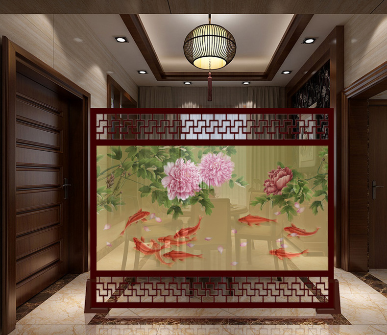
                                                                                睿泽之家 定制镂空屏风 欧式新中式屏风 玄关客厅办公室摄影隔断 花下九鱼 不透明 240cm宽X200高 上下镂空                