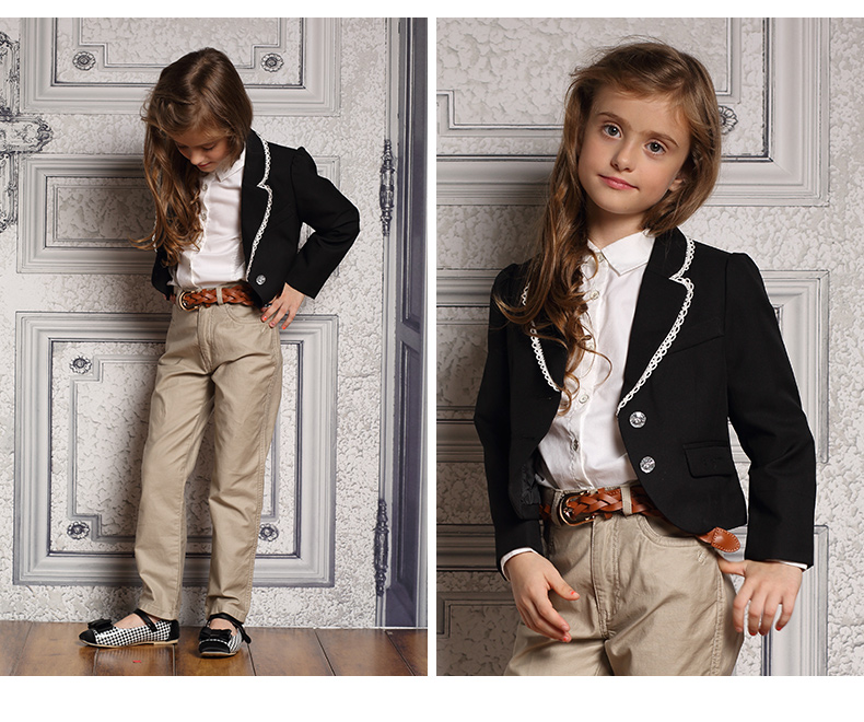 dh/丹尼爱特童装 女童小西服外套 儿童翻领西服上衣秋季新品 黑色 150