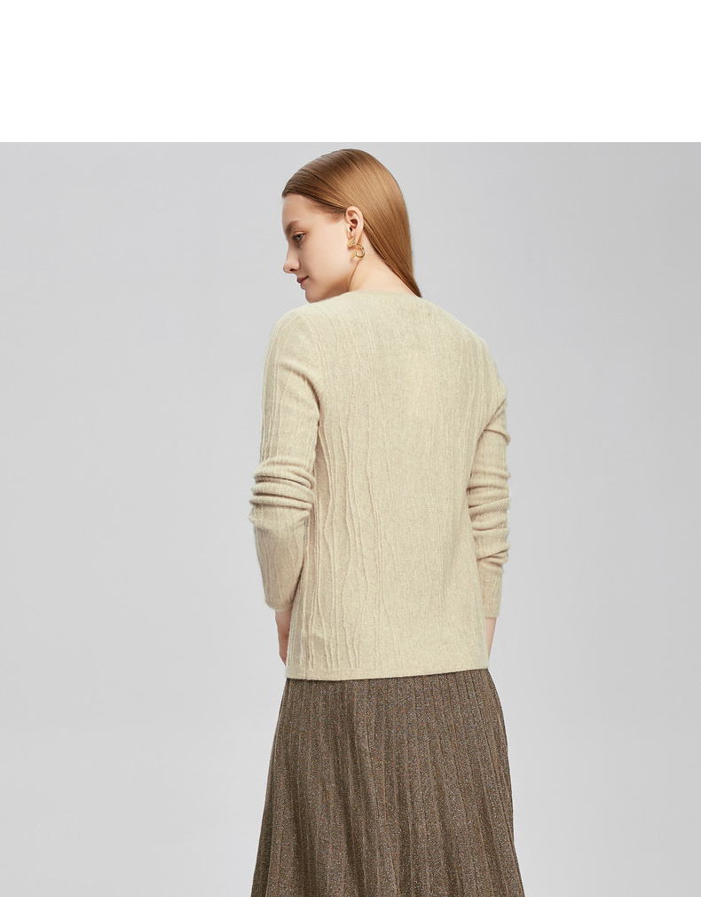 米皇正品秋冬新款圆领套头纯色提花羊绒衫女582118 饰粉 115/xxl