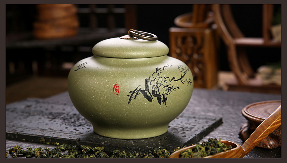 
                                                            尊壶 宜兴紫砂茶叶罐茶缸普洱茶罐茶盒密封醒茶罐装散茶罐子 彩绘 菊                