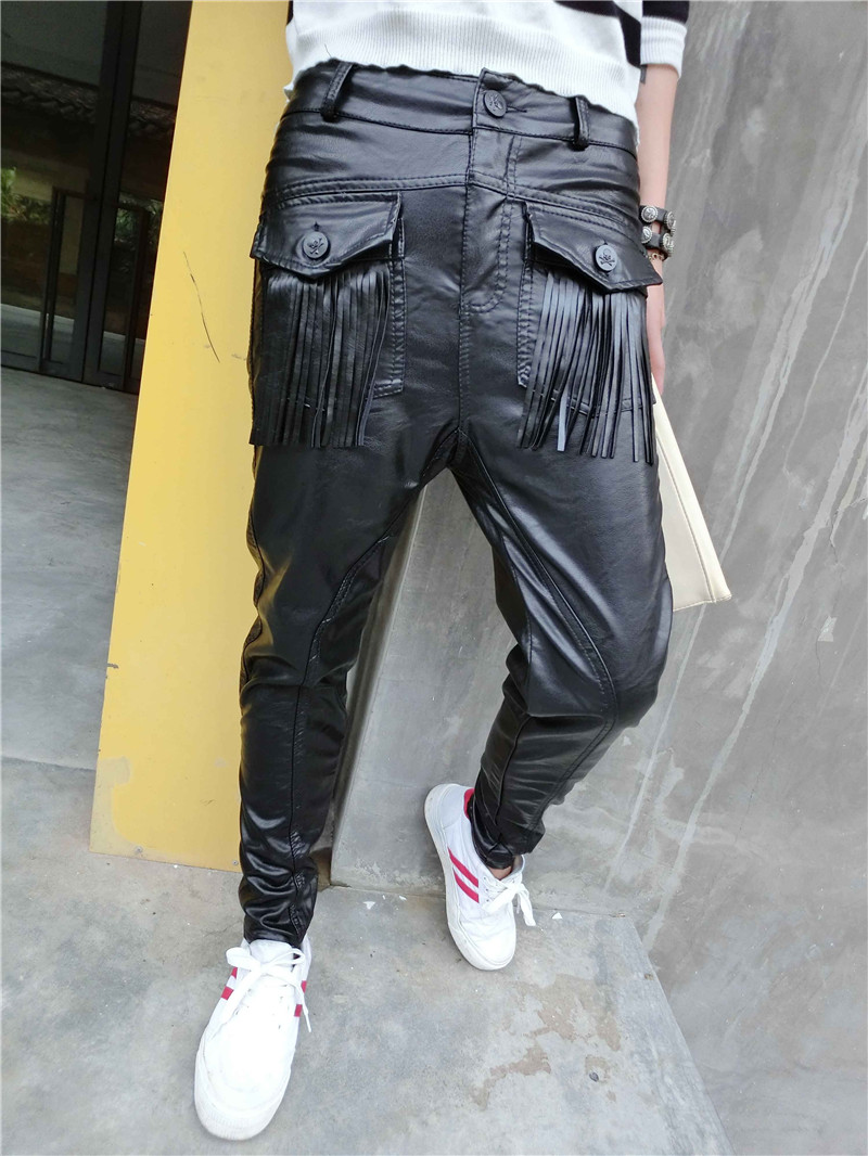 翡百裙2015欧洲站新款个性韩版pu灯笼裤垮裤吊裆裤皮裤女潮 黑色 m