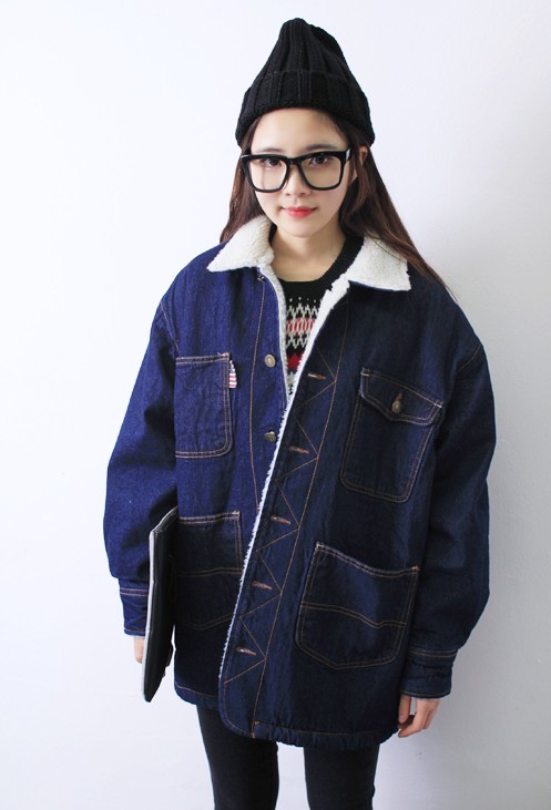 倾罄 2016春季新款女装韩版大码加厚加绒羊羔毛牛仔外套口袋宽松棉衣棉袄外套 蓝色 XL