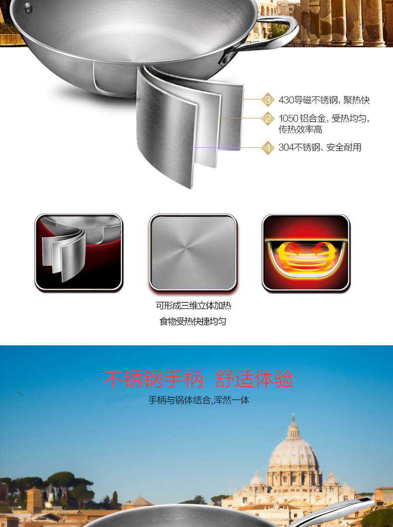 
                                                            爱仕达（ASD）炒锅304不锈钢三层无涂层少油烟炒菜锅平底煎锅电磁炉燃气通用 32cm                