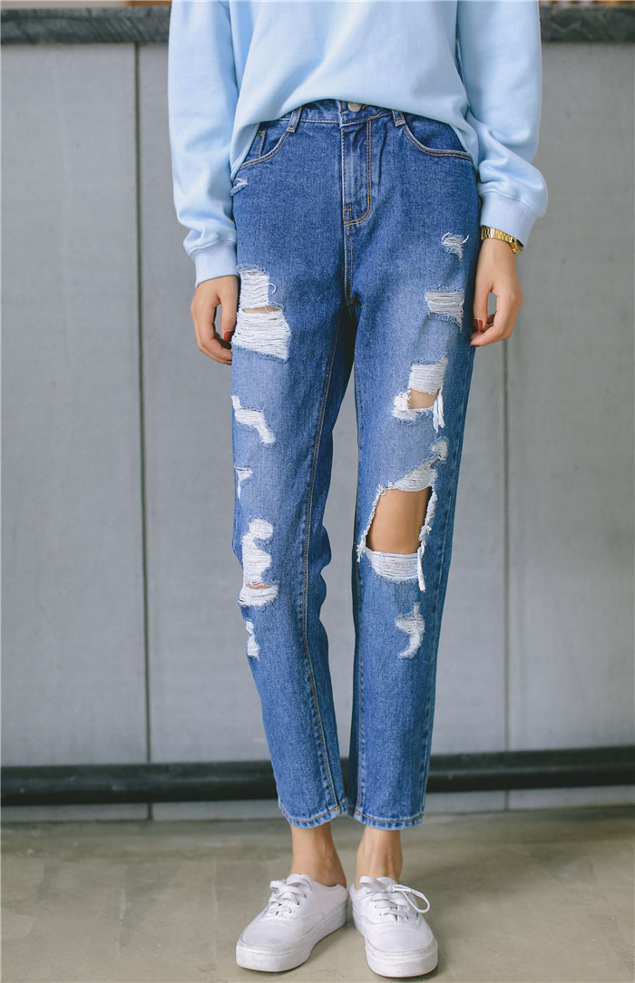 莎恩熙2016春夏女装韩版新款 破洞宽松bf风个性百搭乞丐裤牛仔小哈伦